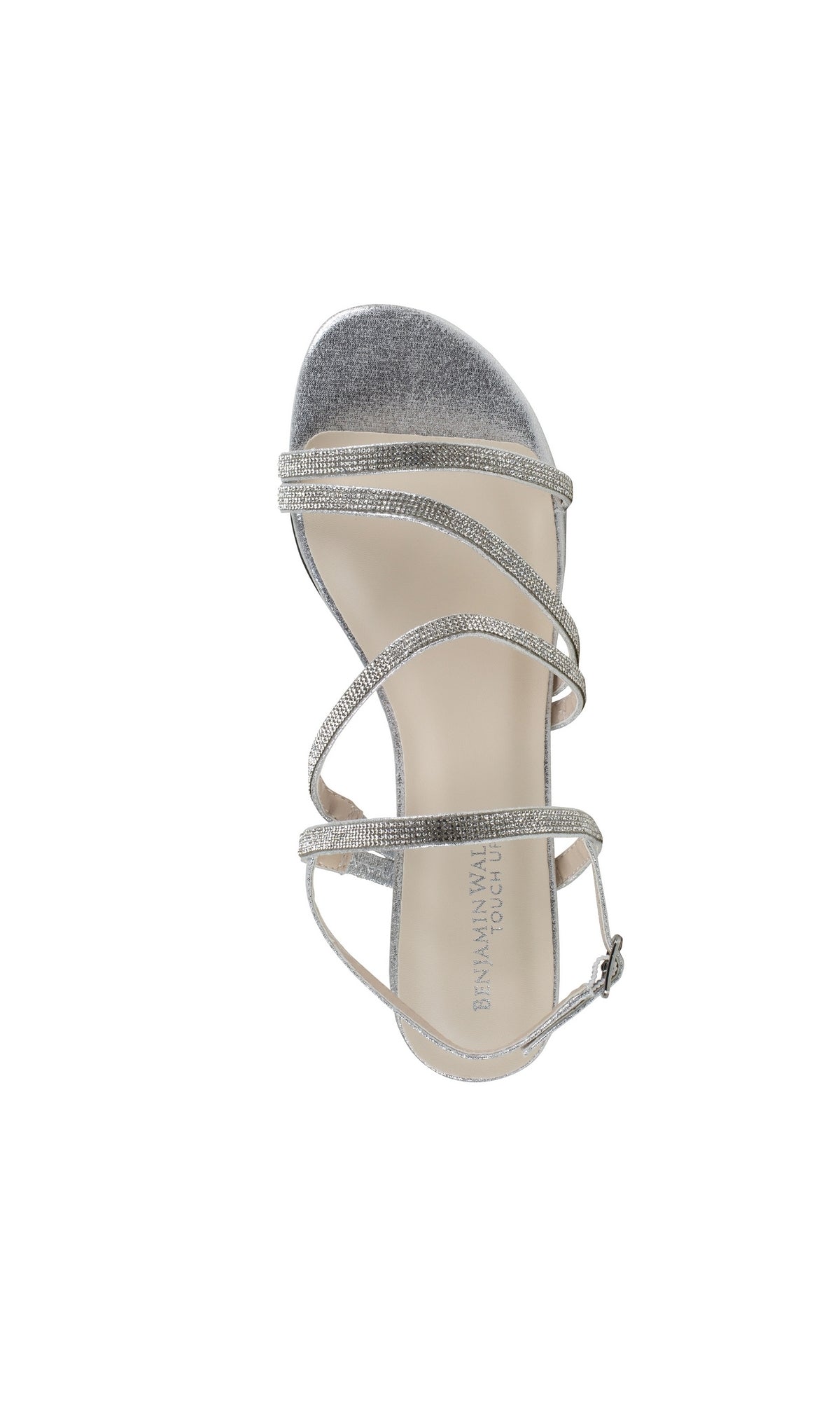 The Jodi Rhinestone Silver Prom Sandals by Touch Ups 4595 feature a single silver strappy design, low heel, and buckle closure—ideal for stylish, comfortable prom footwear—shown from above on a white background.